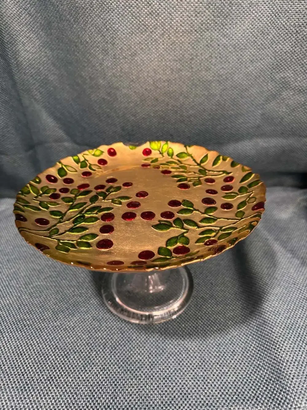 Vintage Hand-Painted Floral Pedestal Bowl with Cranberry and Leaf Motif